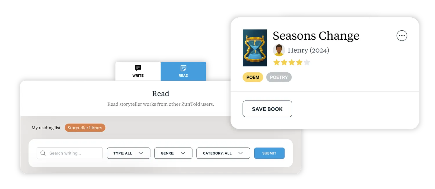 screenshot of a ZunTold Storyteller user interface elements