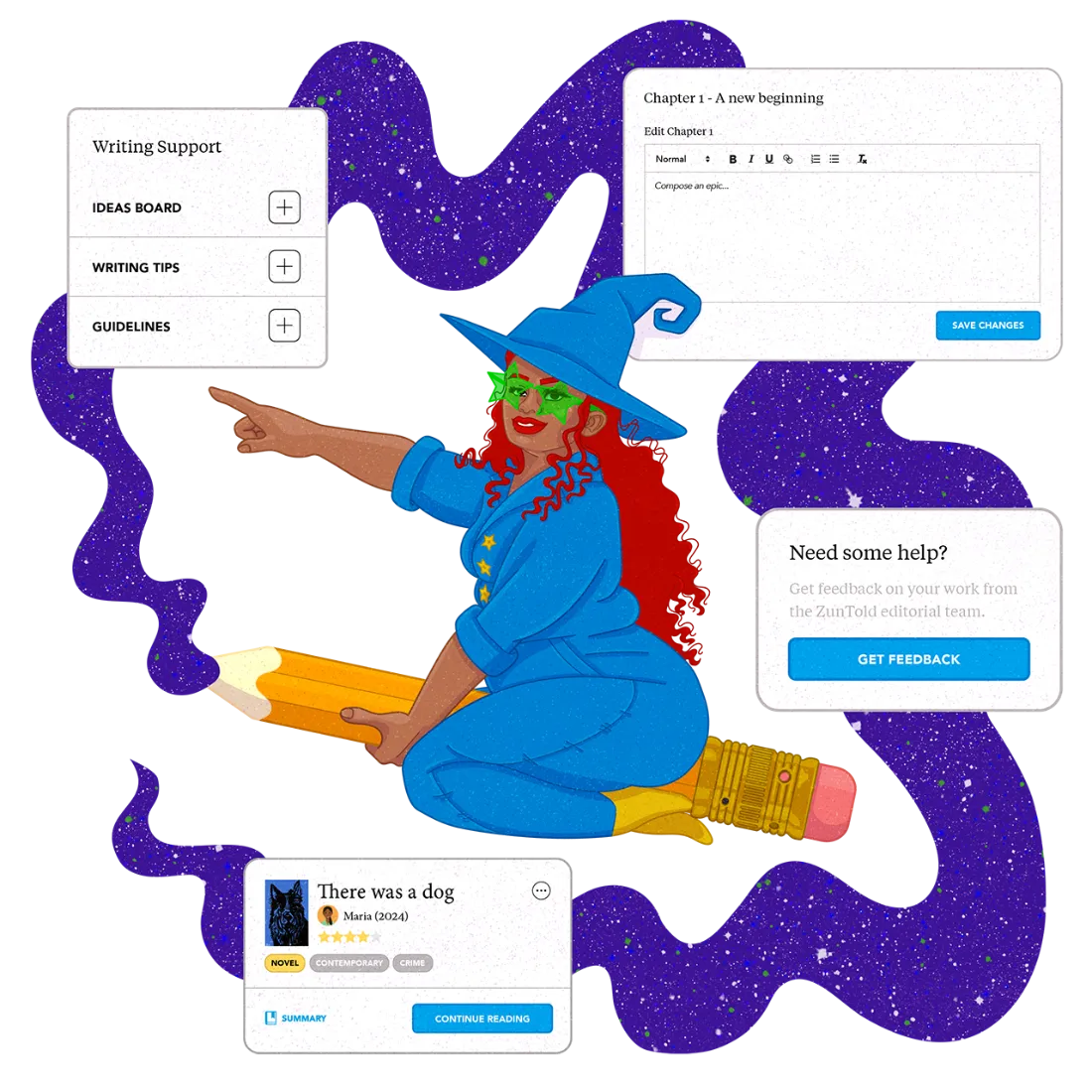 Illustration of a witch flying on a pencil between the user interface elements of the Storyteller
